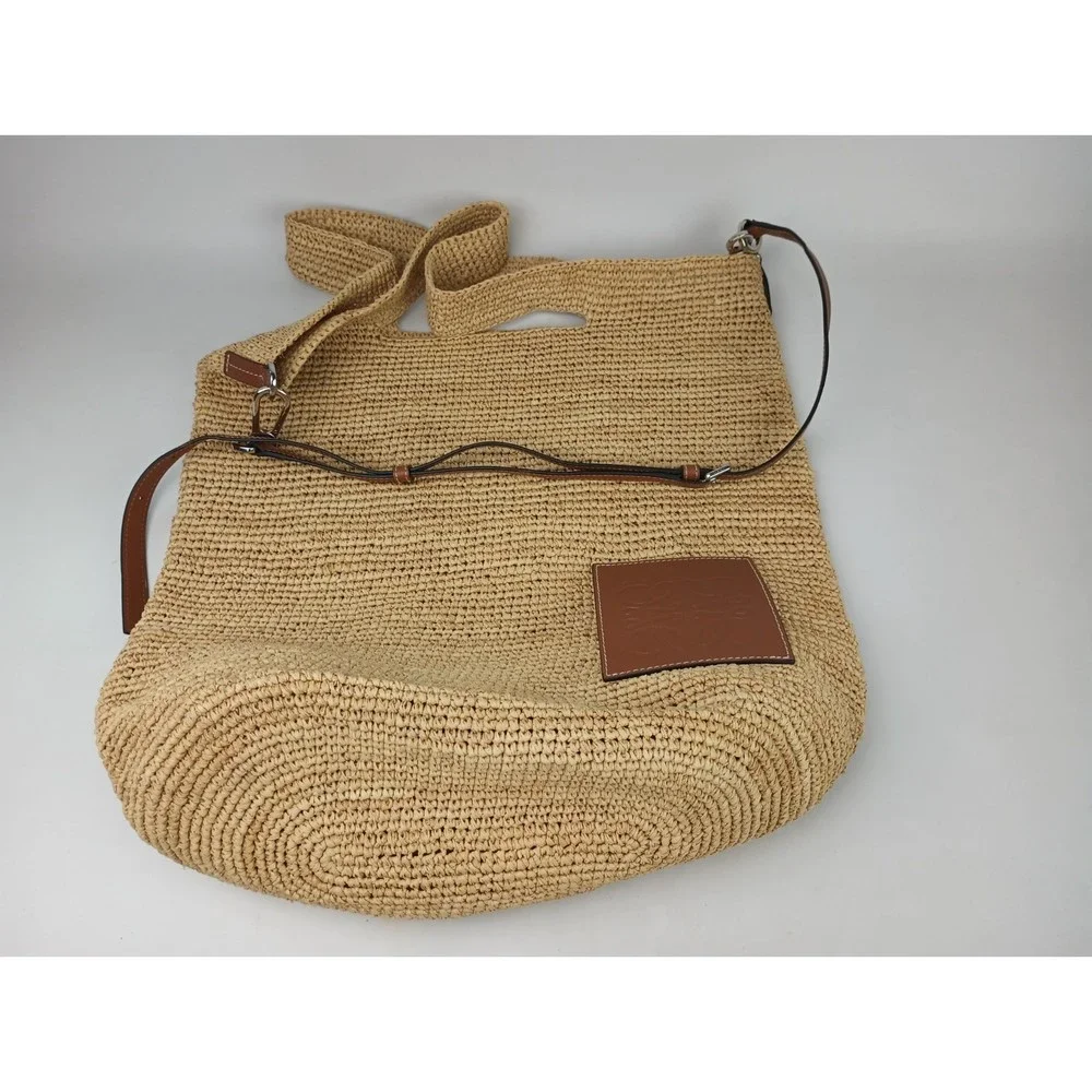 LOEWE x Paula’s Ibiza Slit Natural Brown Leather Raffia Hobo Tote Bag - Picture 1 of 7